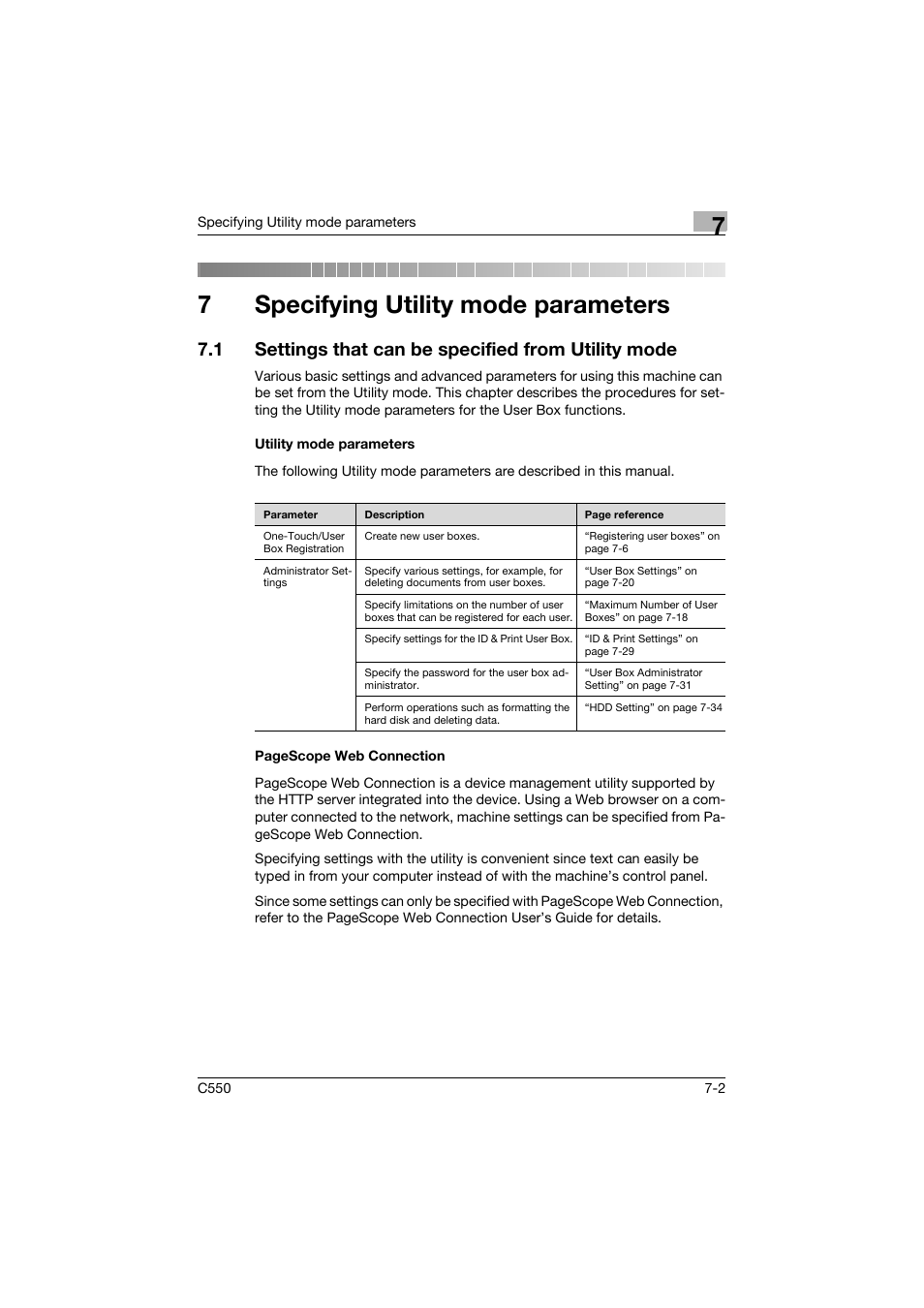 7 specifying utility mode parameters, 1 settings that can be specified from utility mode, Utility mode parameters | Specifying utility mode parameters, 7specifying utility mode parameters | Konica Minolta bizhub C550 User Manual | Page 299 / 359