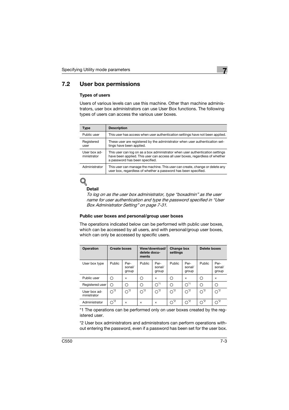2 user box permissions, Types of users, Public user boxes and personal/group user boxes | User box permissions -3 | Konica Minolta bizhub C550 User Manual | Page 300 / 359