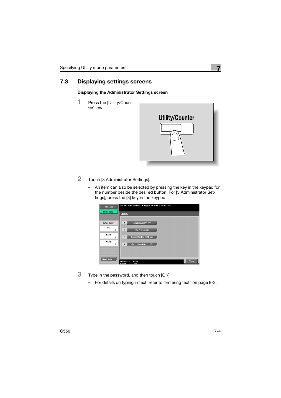 3 displaying settings screens, Displaying the administrator settings screen, Displaying settings screens -4 | Displaying the administrator settings screen -4 | Konica Minolta bizhub C550 User Manual | Page 301 / 359