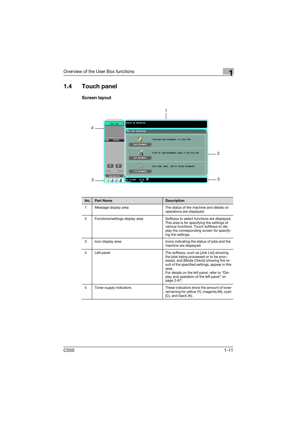 4 touch panel, Screen layout, Touch panel -11 | Screen layout -11 | Konica Minolta bizhub C550 User Manual | Page 33 / 359