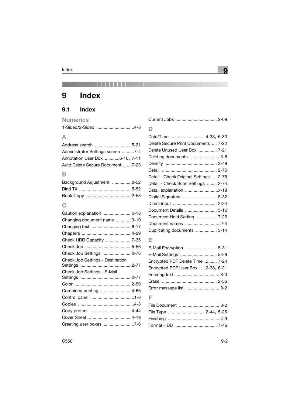 9 index, 1 index, A to f | Index, Index -2, R 9 index, 9index | Konica Minolta bizhub C550 User Manual | Page 356 / 359