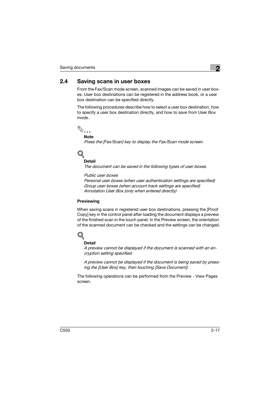 4 saving scans in user boxes, Previewing, Saving scans in user boxes -17 | Previewing -17 | Konica Minolta bizhub C550 User Manual | Page 53 / 359