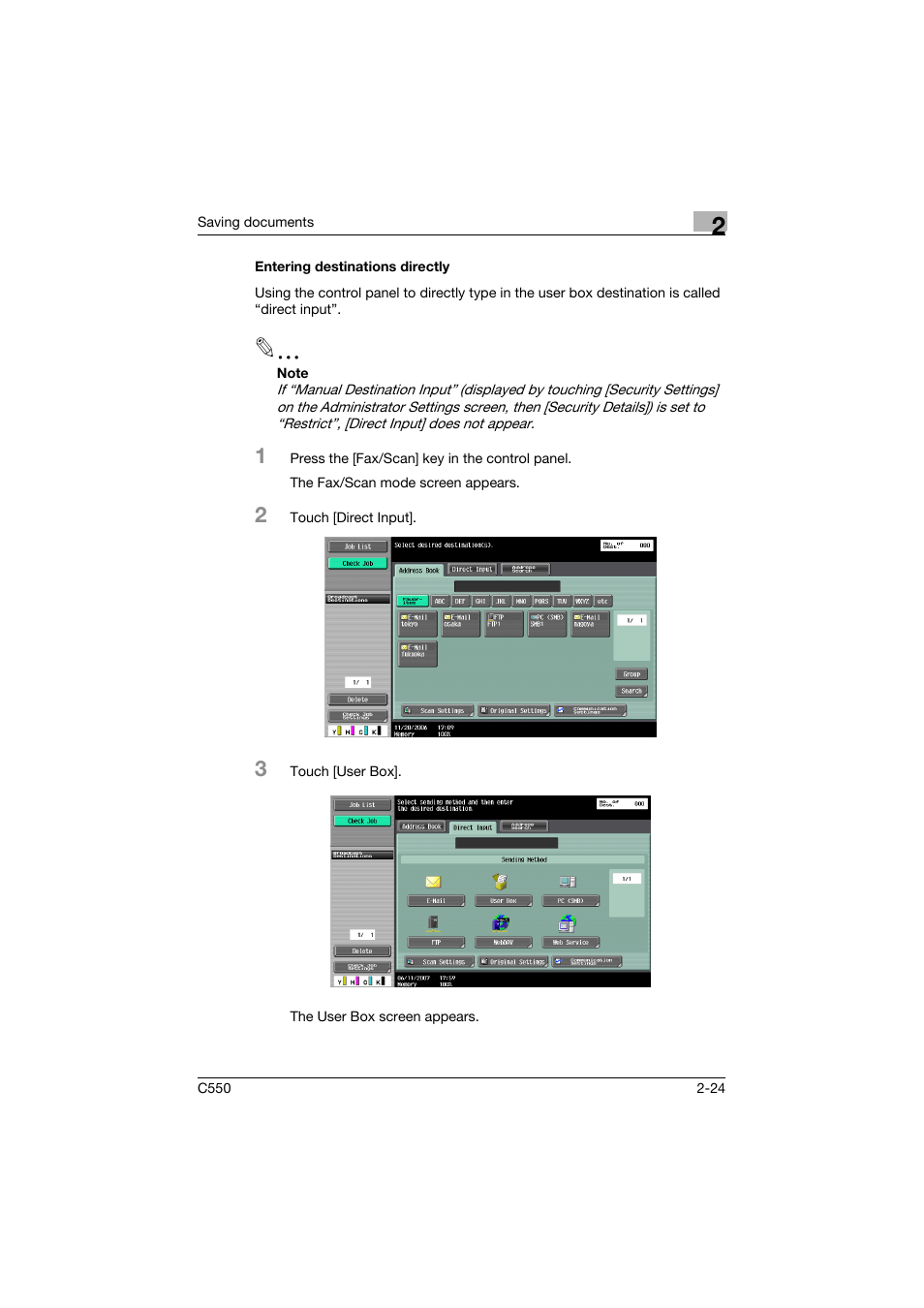 Entering destinations directly, Entering destinations directly -24 | Konica Minolta bizhub C550 User Manual | Page 60 / 359