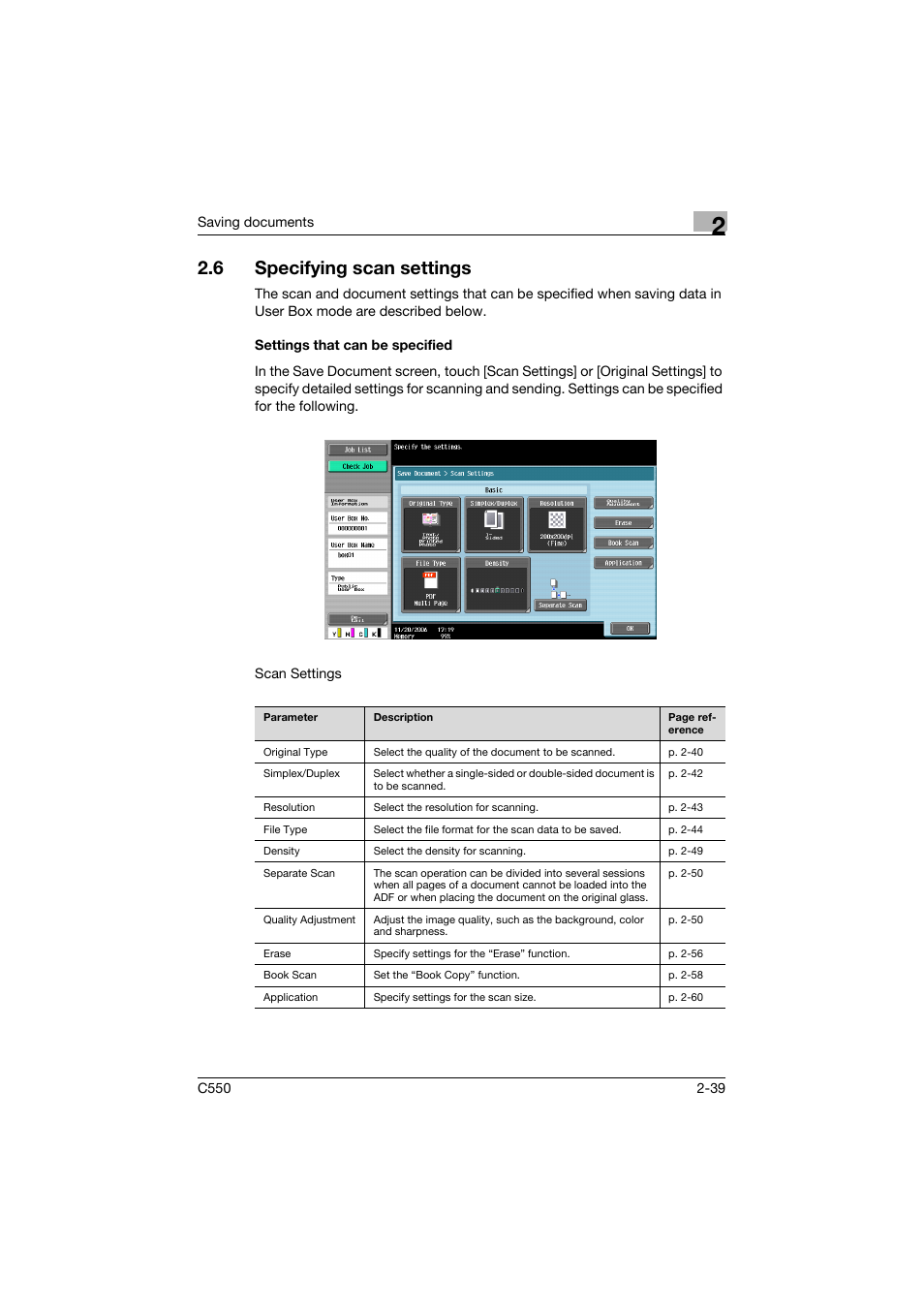 6 specifying scan settings, Settings that can be specified, Specifying scan settings -39 | Settings that can be specified -39 | Konica Minolta bizhub C550 User Manual | Page 75 / 359
