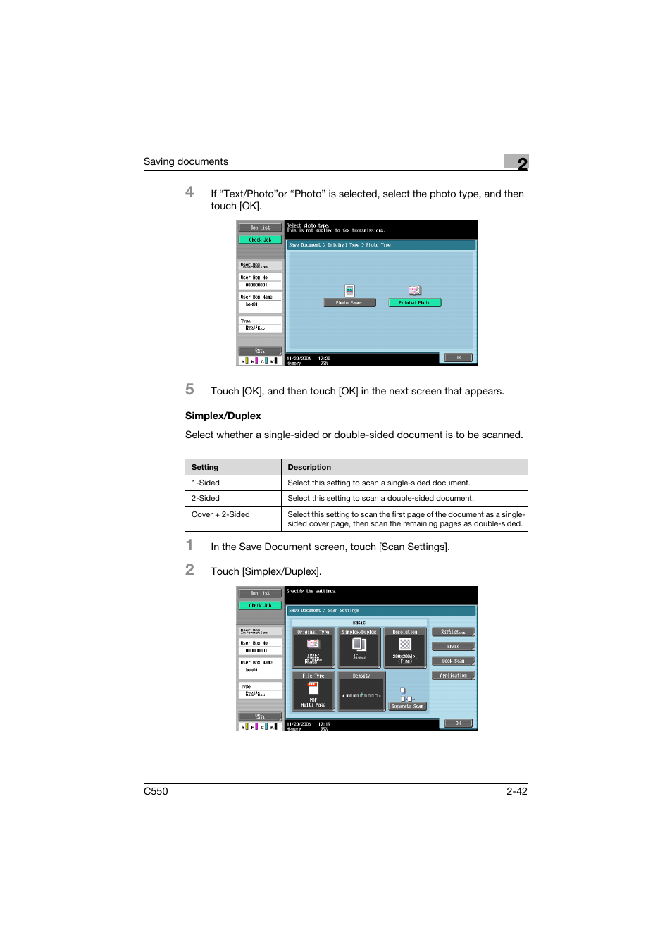 Simplex/duplex, Simplex/duplex -42, P. 2-42 | Konica Minolta bizhub C550 User Manual | Page 78 / 359