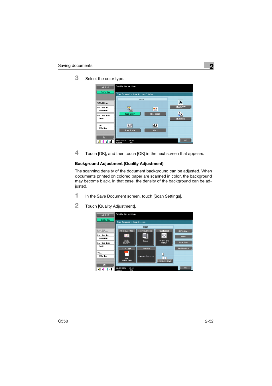 Background adjustment (quality adjustment), Background adjustment (quality adjustment) -52 | Konica Minolta bizhub C550 User Manual | Page 88 / 359