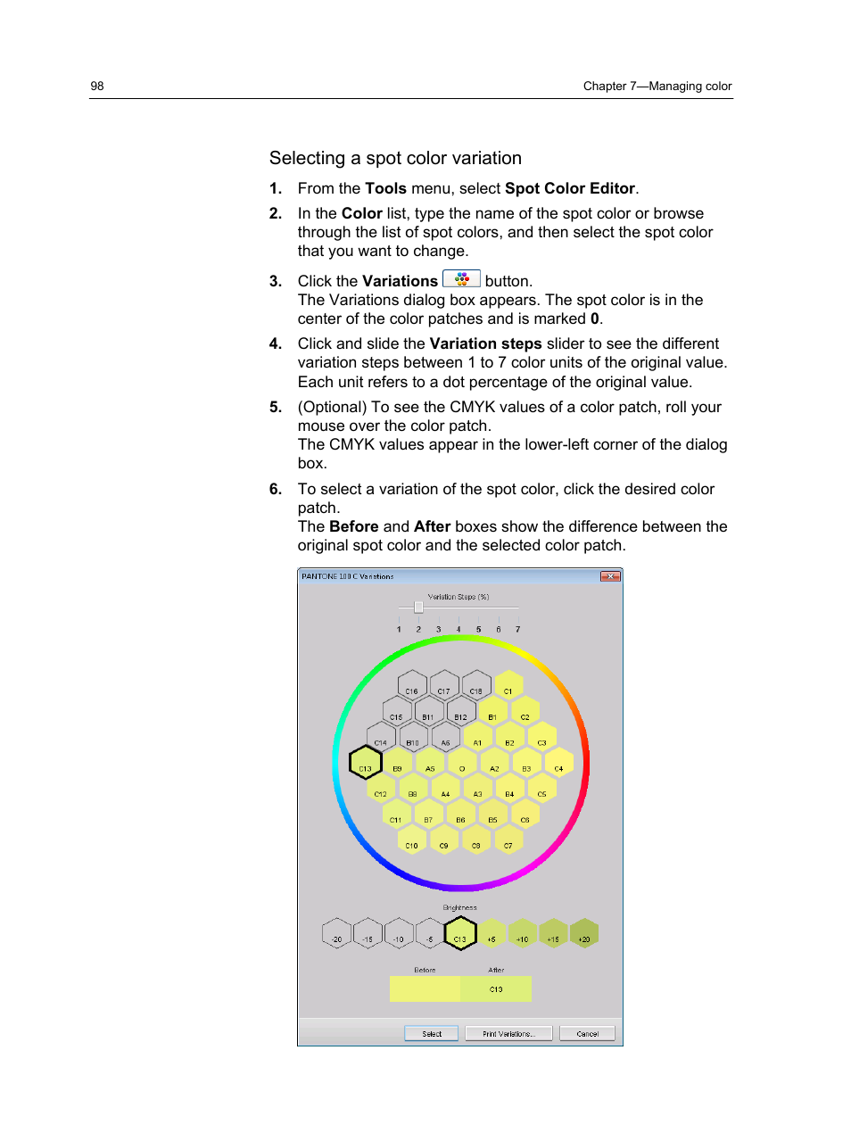 Selecting a spot color variation | Konica Minolta bizhub PRESS C1060 User Manual | Page 108 / 270