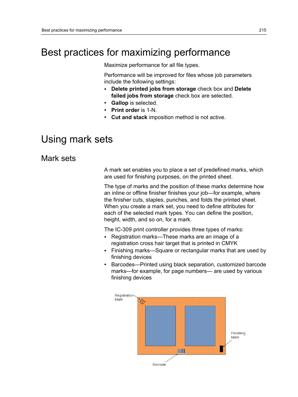 Best practices for maximizing performance, Using mark sets, Mark sets | Konica Minolta bizhub PRESS C1060 User Manual | Page 225 / 270