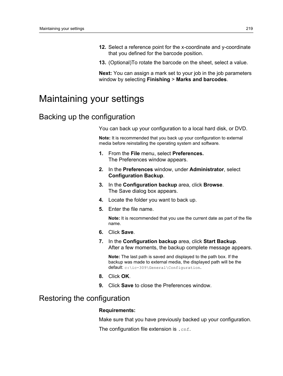 Maintaining your settings, Backing up the configuration, Restoring the configuration | Konica Minolta bizhub PRESS C1060 User Manual | Page 229 / 270