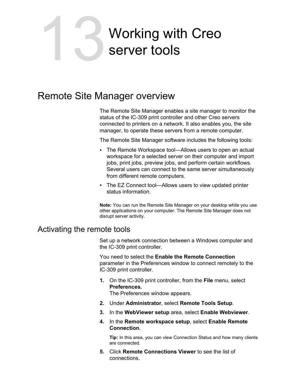 Working with creo server tools, Remote site manager overview, Activating the remote tools | Konica Minolta bizhub PRESS C1060 User Manual | Page 231 / 270