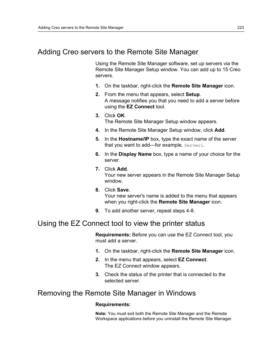 Adding creo servers to the remote site manager, Removing the remote site manager in windows | Konica Minolta bizhub PRESS C1060 User Manual | Page 233 / 270