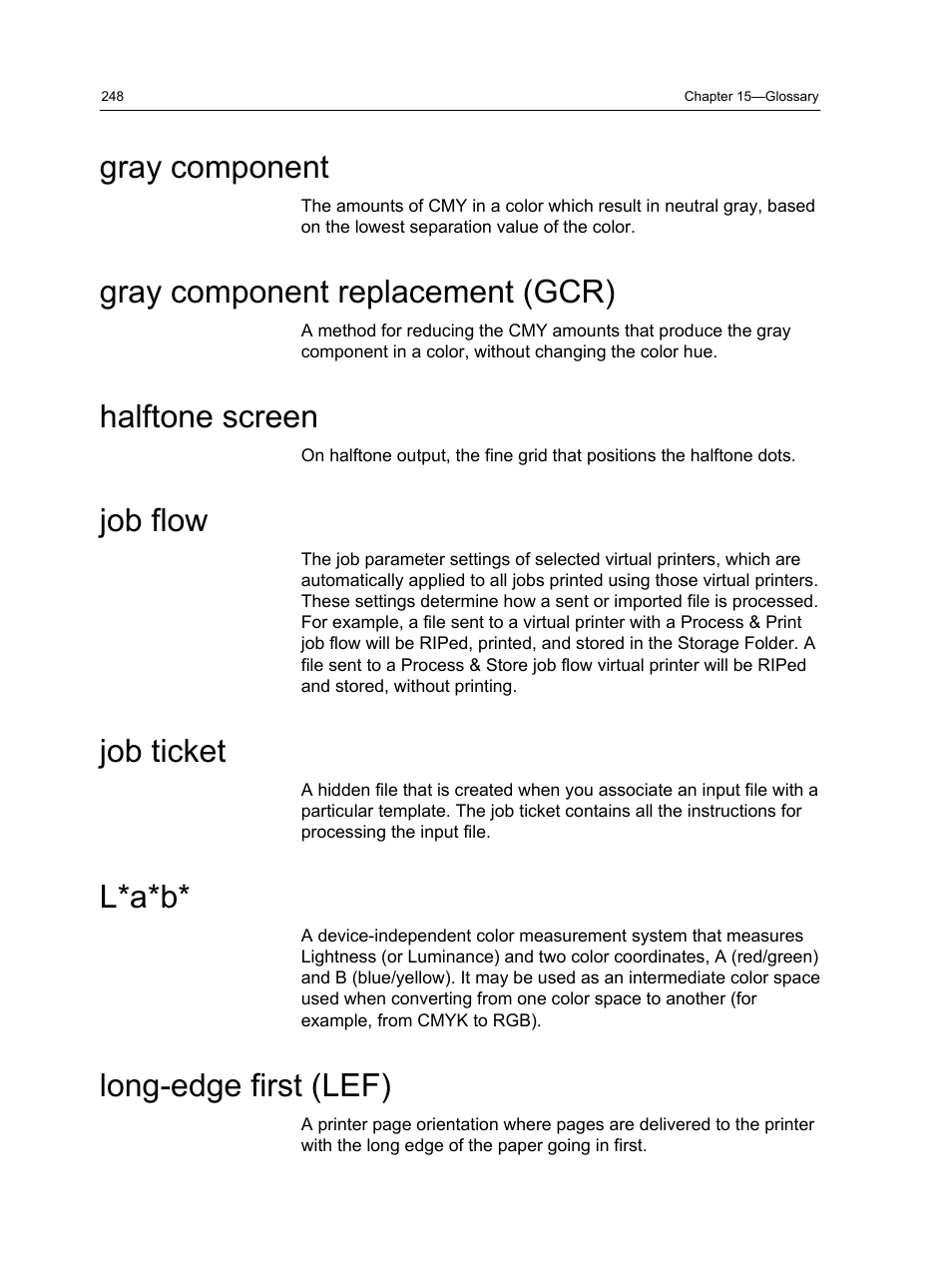 Gray component, Gray component replacement (gcr), Halftone screen | Job flow, Job ticket, L*a*b, Long-edge first (lef) | Konica Minolta bizhub PRESS C1060 User Manual | Page 258 / 270