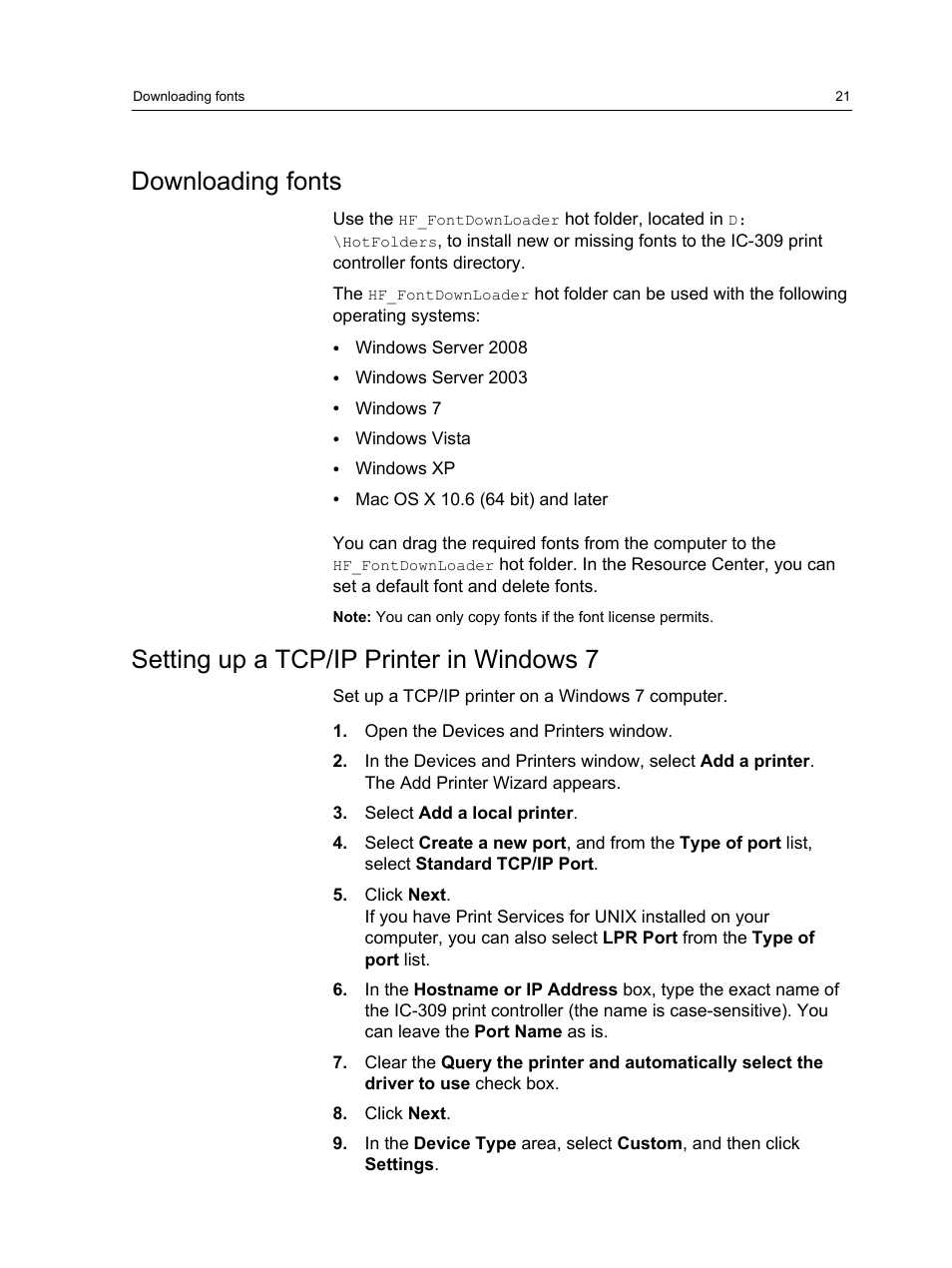 Downloading fonts, Setting up a tcp/ip printer in windows 7 | Konica Minolta bizhub PRESS C1060 User Manual | Page 31 / 270