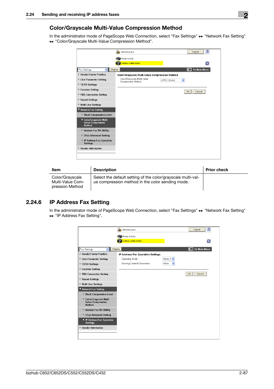 Color/grayscale multi-value compression method, 6 ip address fax setting, Color/grayscale multi-value compression method -87 | Ip address fax setting -87 | Konica Minolta BIZHUB C652DS User Manual | Page 105 / 343