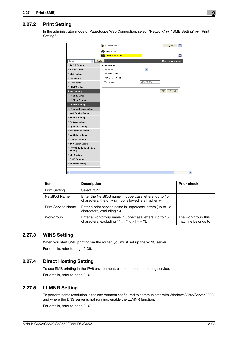 2 print setting, 3 wins setting, 4 direct hosting setting | 5 llmnr setting, Print setting -93, Wins setting -93, Direct hosting setting -93, Llmnr setting -93, Print setting, Direct hosting setting | Konica Minolta BIZHUB C652DS User Manual | Page 111 / 343