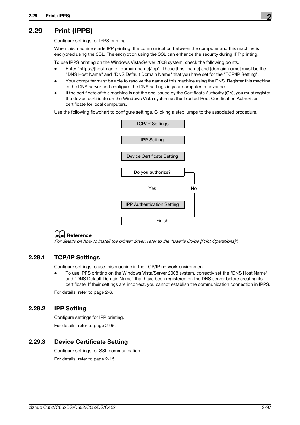 29 print (ipps), 1 tcp/ip settings, 2 ipp setting | 3 device certificate setting, Print (ipps) -97, Tcp/ip settings -97, Ipp setting -97, Device certificate setting -97, Print (ipps)" (p. 2-97 | Konica Minolta BIZHUB C652DS User Manual | Page 115 / 343