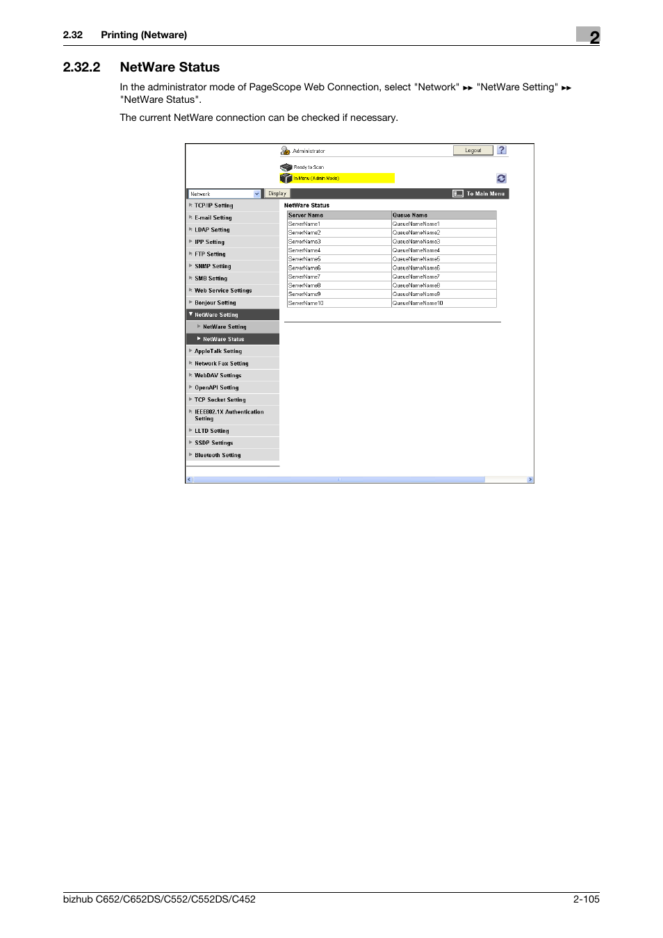 2 netware status, Netware status -105 | Konica Minolta BIZHUB C652DS User Manual | Page 123 / 343