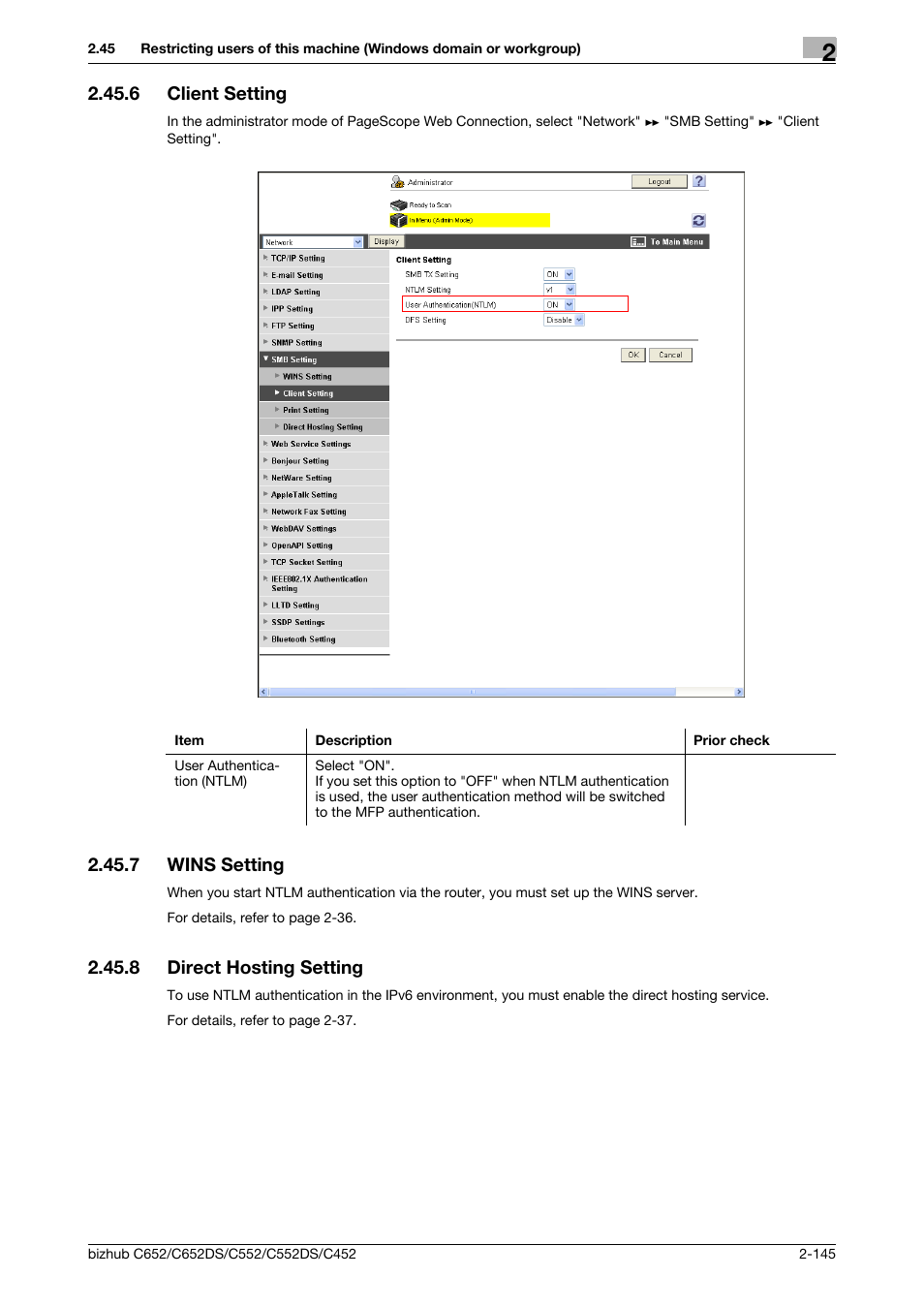 6 client setting, 7 wins setting, 8 direct hosting setting | Client setting -145, Wins setting -145, Direct hosting setting -145, Client setting, Direct hosting setting, Wins setting | Konica Minolta BIZHUB C652DS User Manual | Page 163 / 343