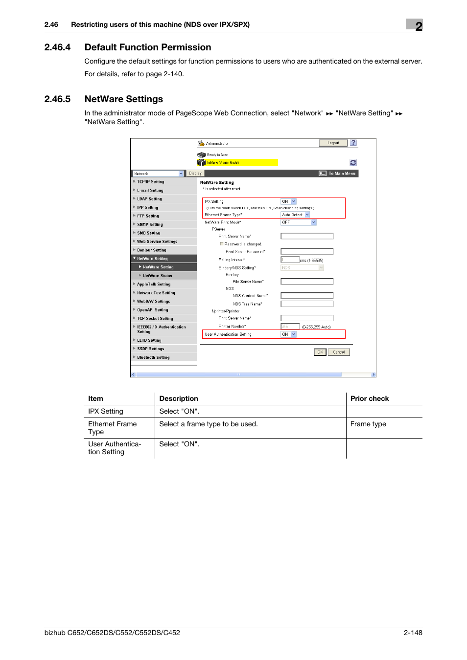 4 default function permission, 5 netware settings, Default function permission -148 | Netware settings -148, Default function permis, Sion, Netware settings | Konica Minolta BIZHUB C652DS User Manual | Page 166 / 343