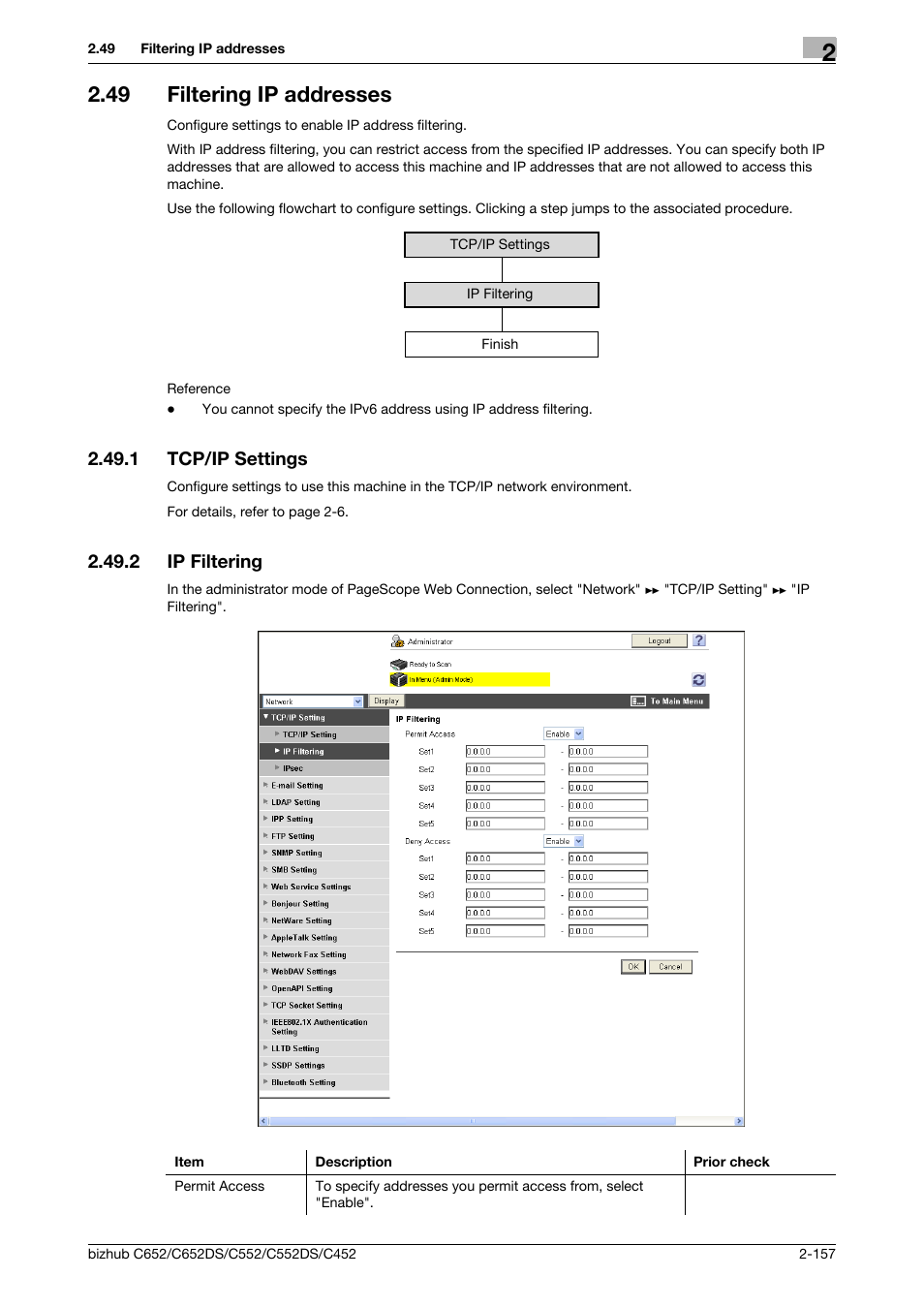 49 filtering ip addresses, 1 tcp/ip settings, 2 ip filtering | Filtering ip addresses -157, Tcp/ip settings -157, Ip filtering -157, Filtering ip addresses, P. 2-157 | Konica Minolta BIZHUB C652DS User Manual | Page 175 / 343