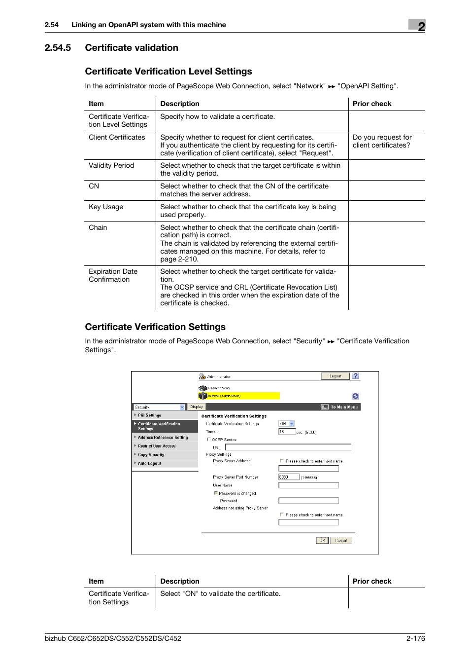 5 certificate validation, Certificate verification level settings, Certificate verification settings | Certificate validation | Konica Minolta BIZHUB C652DS User Manual | Page 194 / 343