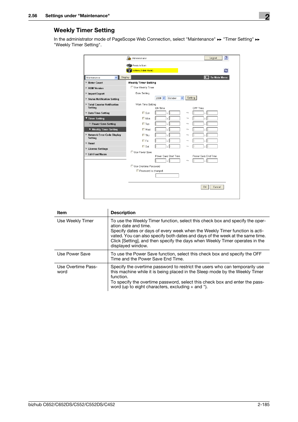 Weekly timer setting, Weekly timer setting -185 | Konica Minolta BIZHUB C652DS User Manual | Page 203 / 343