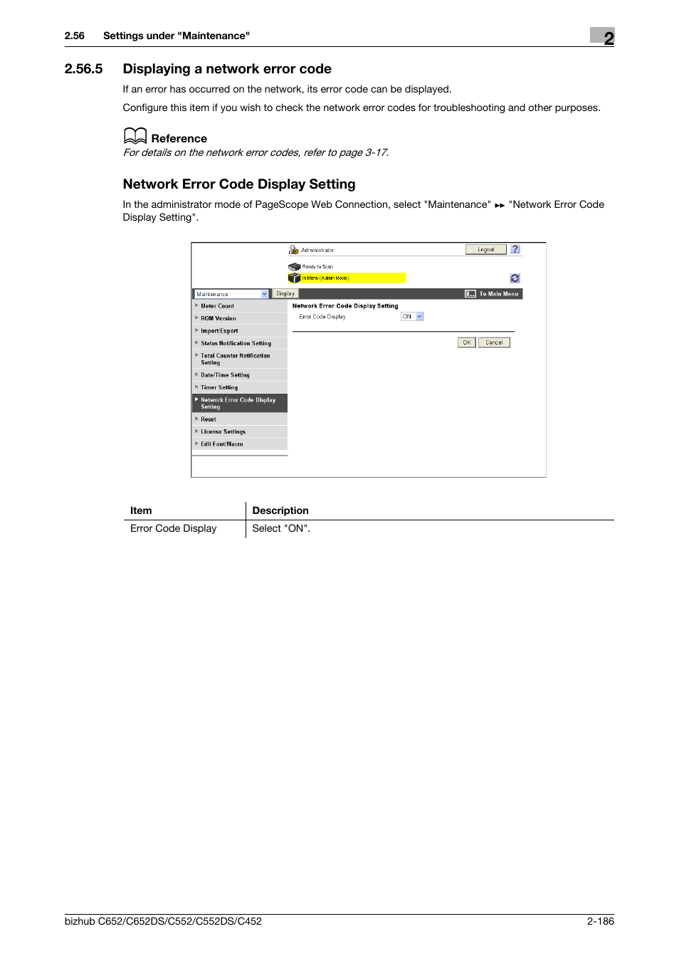 5 displaying a network error code, Network error code display setting, Displaying a network error code | P. 2-186 | Konica Minolta BIZHUB C652DS User Manual | Page 204 / 343