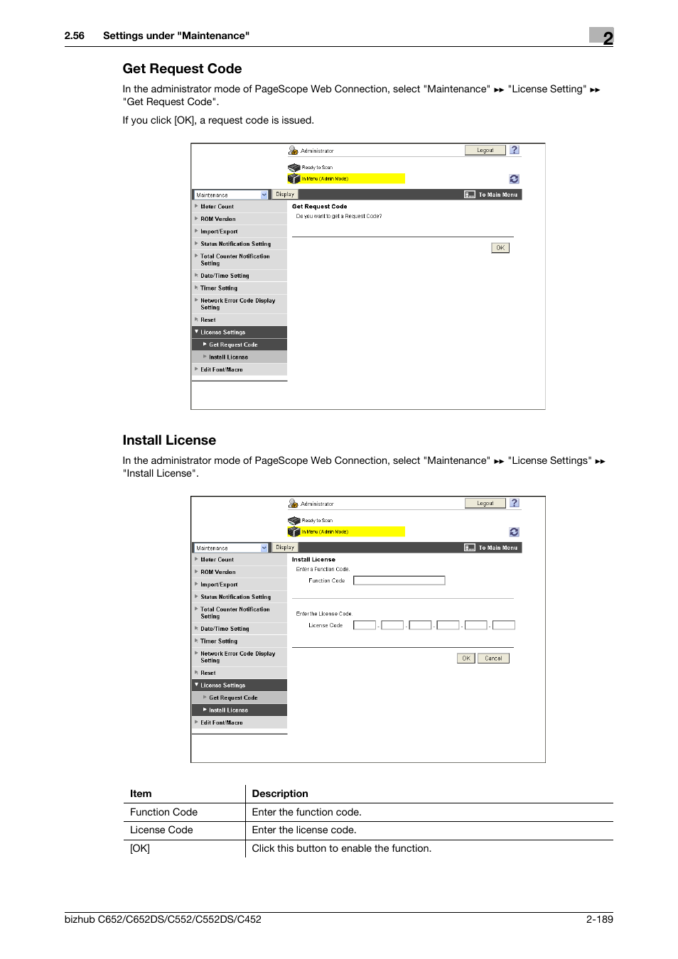Get request code, Install license, Get request code -189 install license -189 | Konica Minolta BIZHUB C652DS User Manual | Page 207 / 343