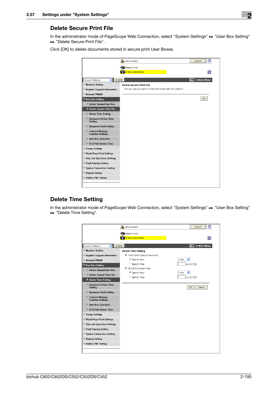 Delete secure print file, Delete time setting | Konica Minolta BIZHUB C652DS User Manual | Page 213 / 343