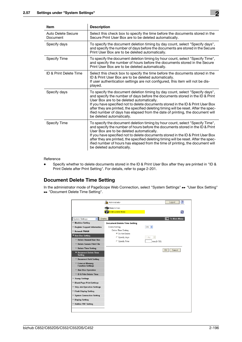 Document delete time setting, Document delete time setting -196 | Konica Minolta BIZHUB C652DS User Manual | Page 214 / 343