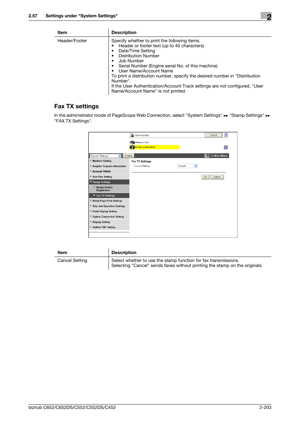 Fax tx settings, Fax tx settings -203 | Konica Minolta BIZHUB C652DS User Manual | Page 221 / 343