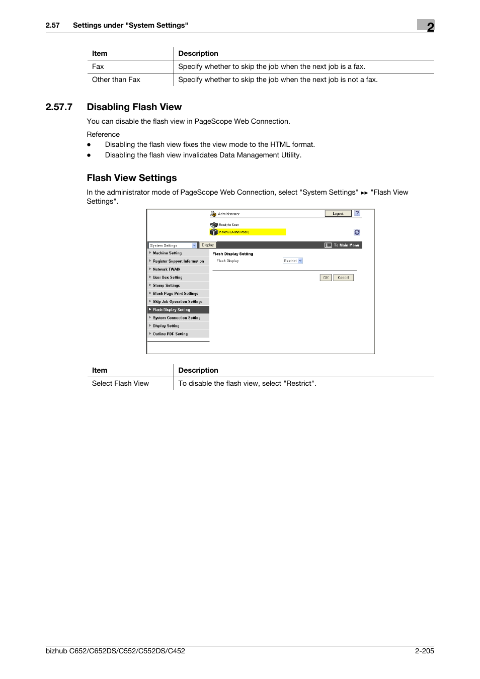 7 disabling flash view, Flash view settings, Disabling flash view -205 flash view settings -205 | Konica Minolta BIZHUB C652DS User Manual | Page 223 / 343