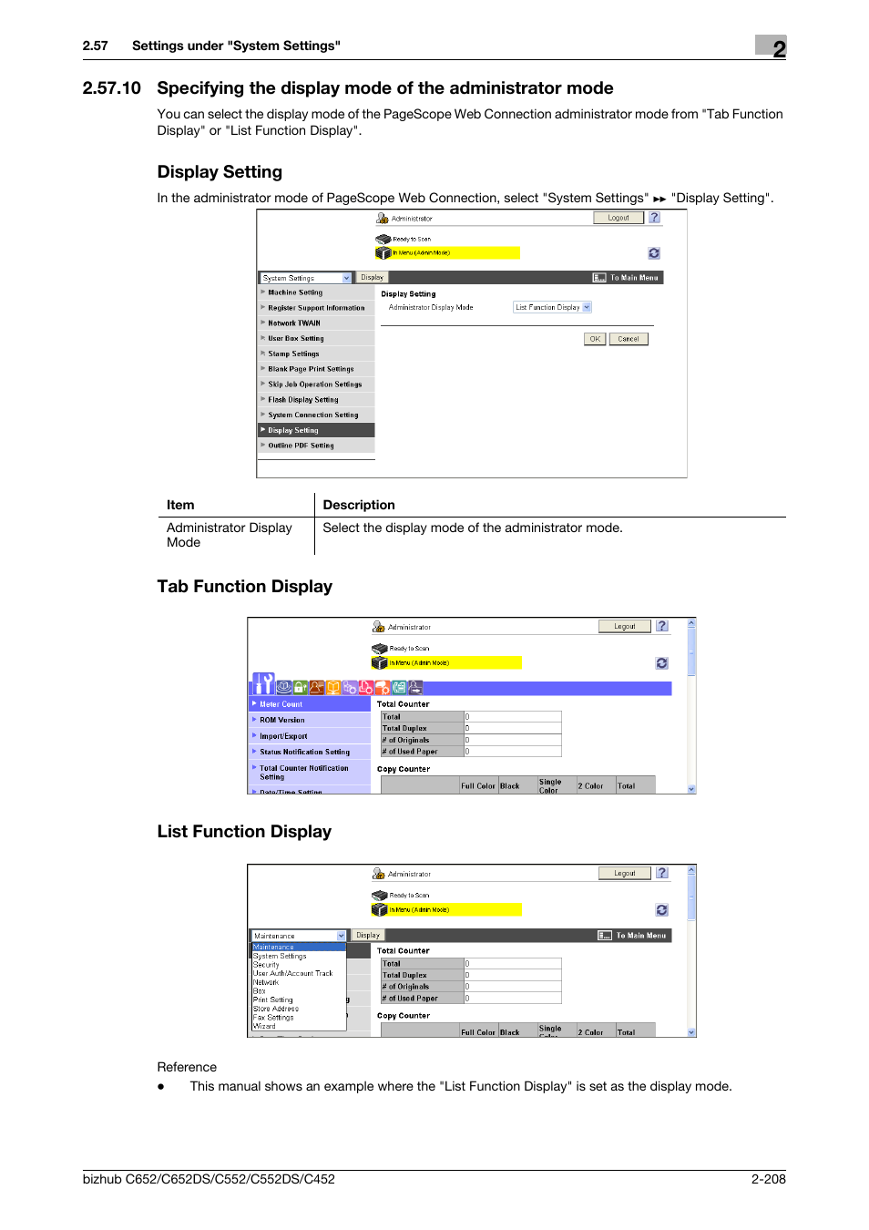 Display setting, Tab function display, List function display | Konica Minolta BIZHUB C652DS User Manual | Page 226 / 343