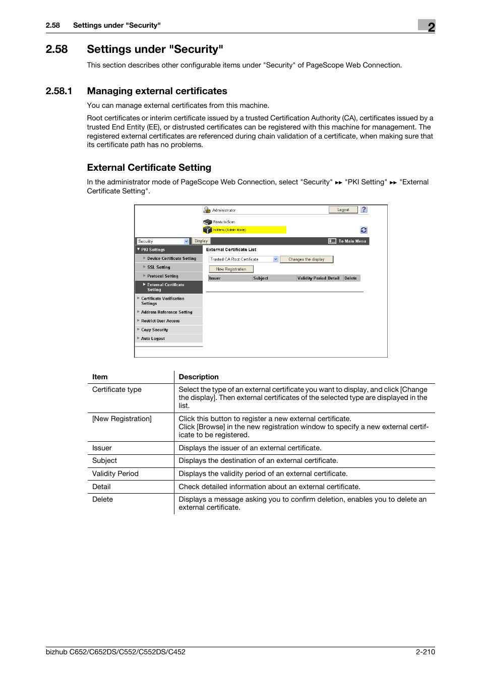 58 settings under "security, 1 managing external certificates, External certificate setting | Settings under "security" -210, Managing external certificates, P. 2-210 | Konica Minolta BIZHUB C652DS User Manual | Page 228 / 343