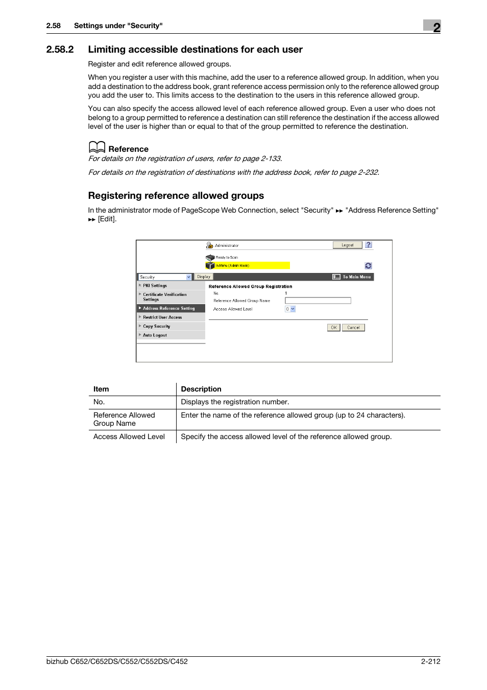 2 limiting accessible destinations for each user, Registering reference allowed groups, Limiting accessible destinations for each user | P. 2-212 | Konica Minolta BIZHUB C652DS User Manual | Page 230 / 343