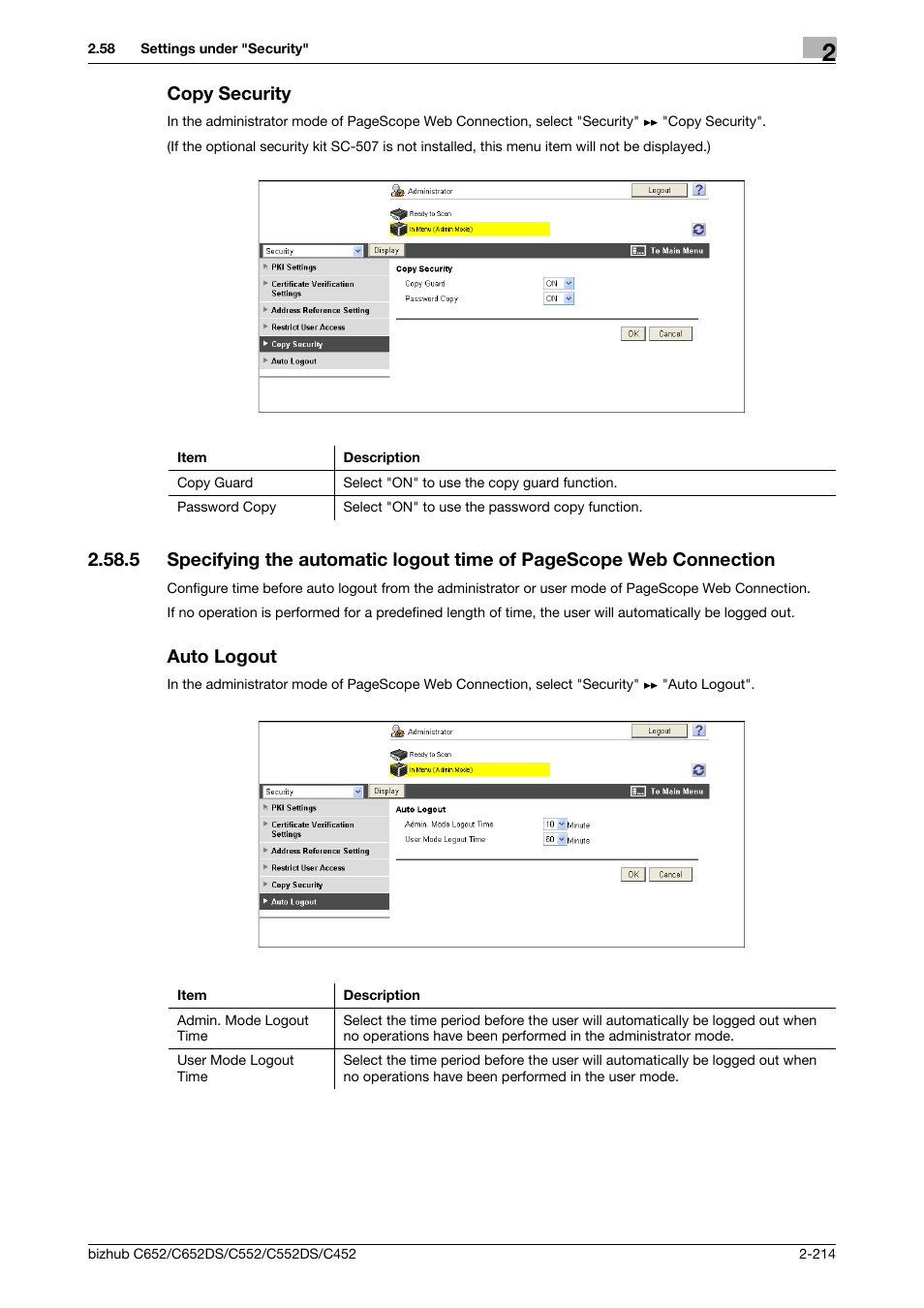 Copy security, Auto logout, Copy security -214 | Konica Minolta BIZHUB C652DS User Manual | Page 232 / 343
