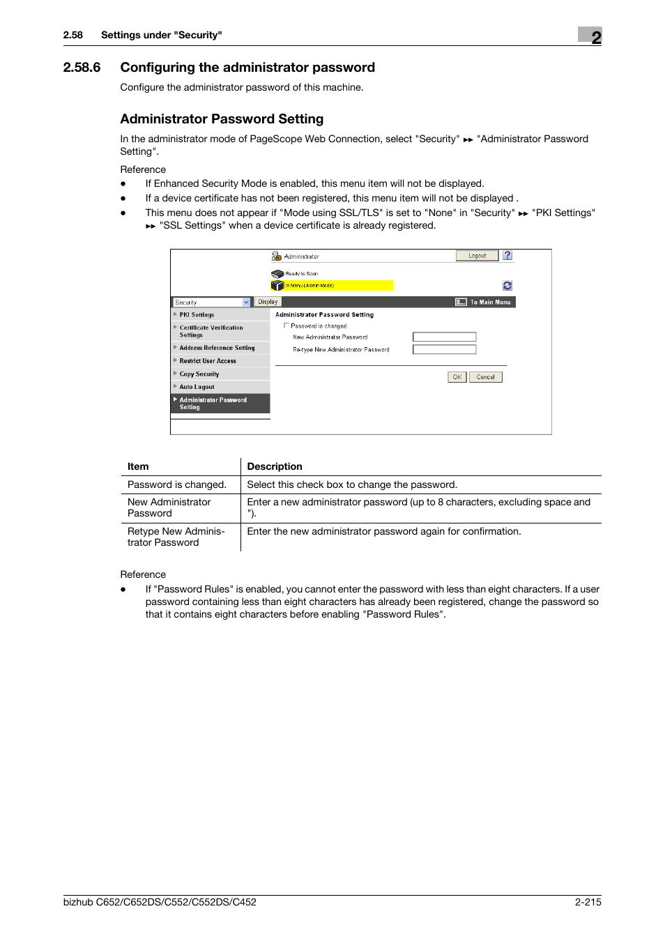 6 configuring the administrator password, Administrator password setting, Configuring the administrator password | P. 2-215 | Konica Minolta BIZHUB C652DS User Manual | Page 233 / 343