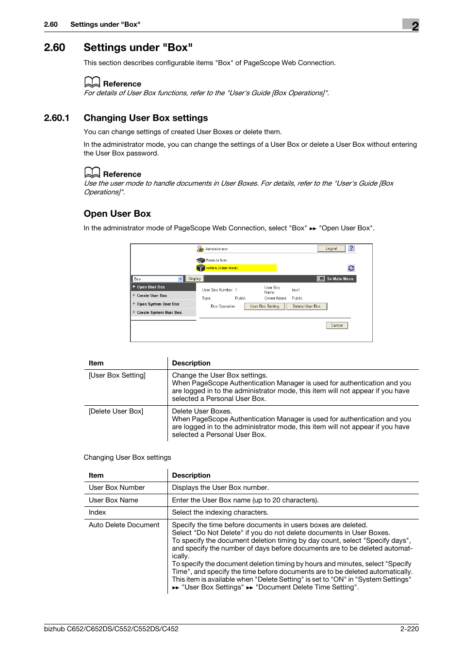 60 settings under "box, 1 changing user box settings, Open user box | Settings under "box" -220, Changing user box settings -220 open user box -220, Changing user box settings, P. 2-220 | Konica Minolta BIZHUB C652DS User Manual | Page 238 / 343
