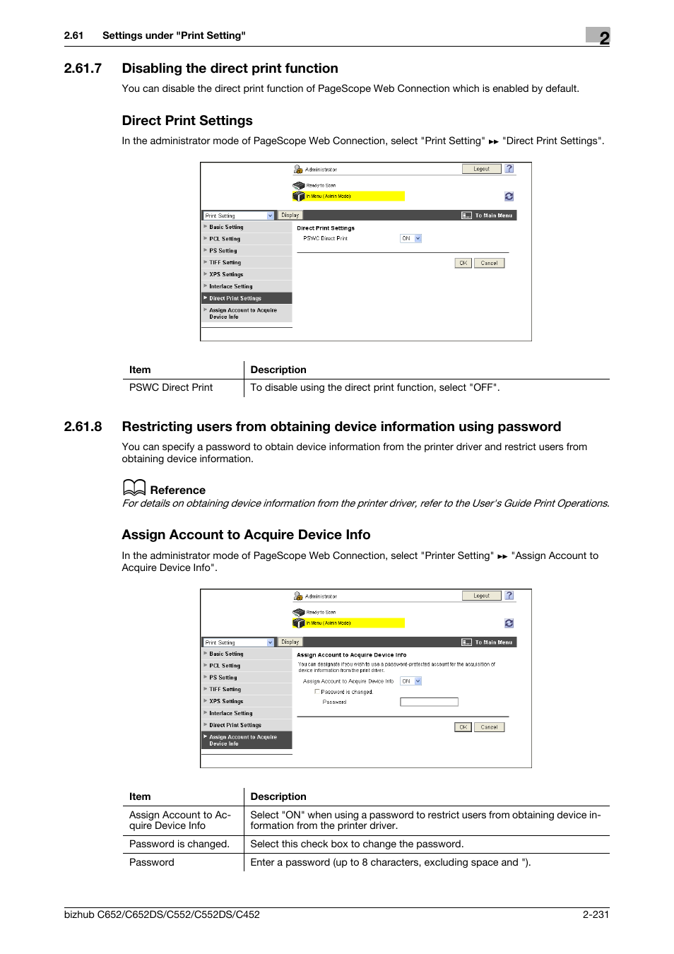 7 disabling the direct print function, Direct print settings, Assign account to acquire device info | Disabling the direct print function, P. 2-231 | Konica Minolta BIZHUB C652DS User Manual | Page 249 / 343