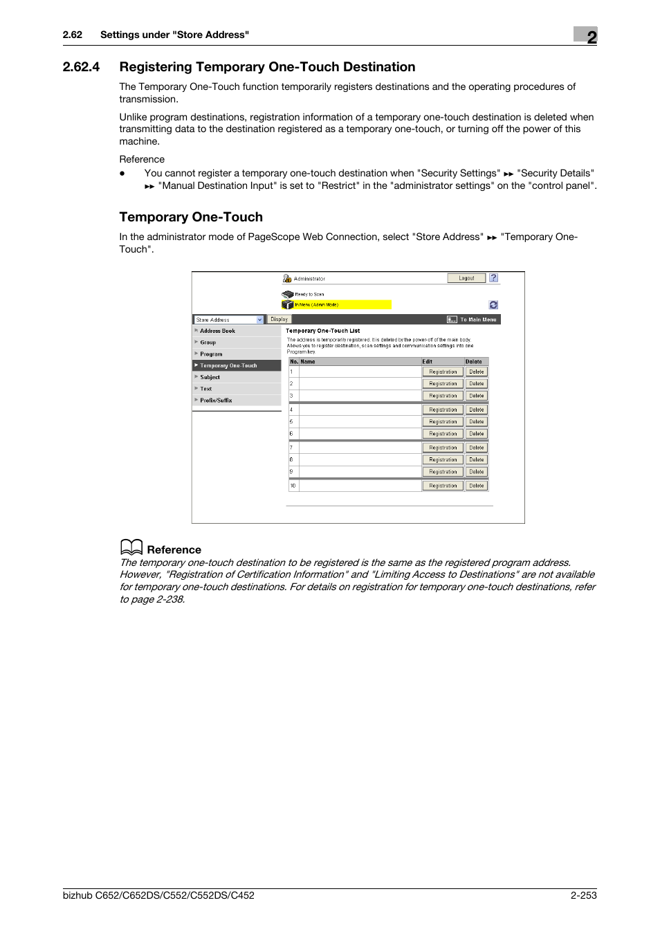 4 registering temporary one-touch destination, Temporary one-touch, Registering temporary one-touch destination | P. 2-253 | Konica Minolta BIZHUB C652DS User Manual | Page 271 / 343