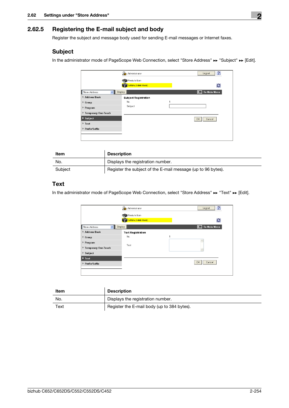5 registering the e-mail subject and body, Subject, Text | Registering the e-mail subject and body, P. 2-254 | Konica Minolta BIZHUB C652DS User Manual | Page 272 / 343