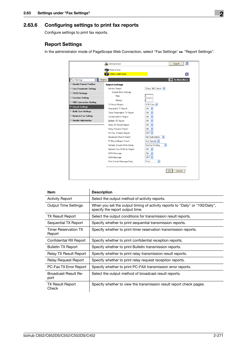 6 configuring settings to print fax reports, Report settings, Configuring settings to print fax reports | P. 2-271 | Konica Minolta BIZHUB C652DS User Manual | Page 289 / 343