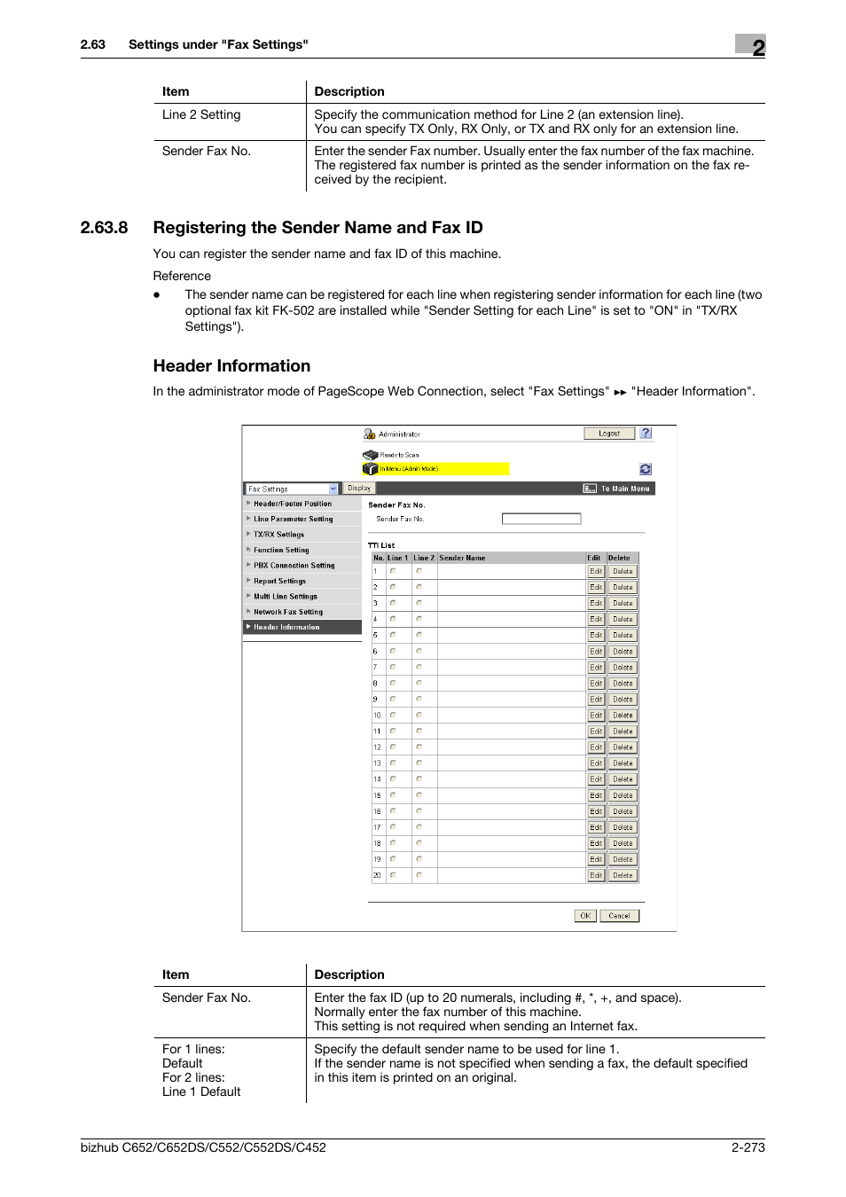 8 registering the sender name and fax id, Header information, Registering the sender name and fax id | P. 2-273 | Konica Minolta BIZHUB C652DS User Manual | Page 291 / 343