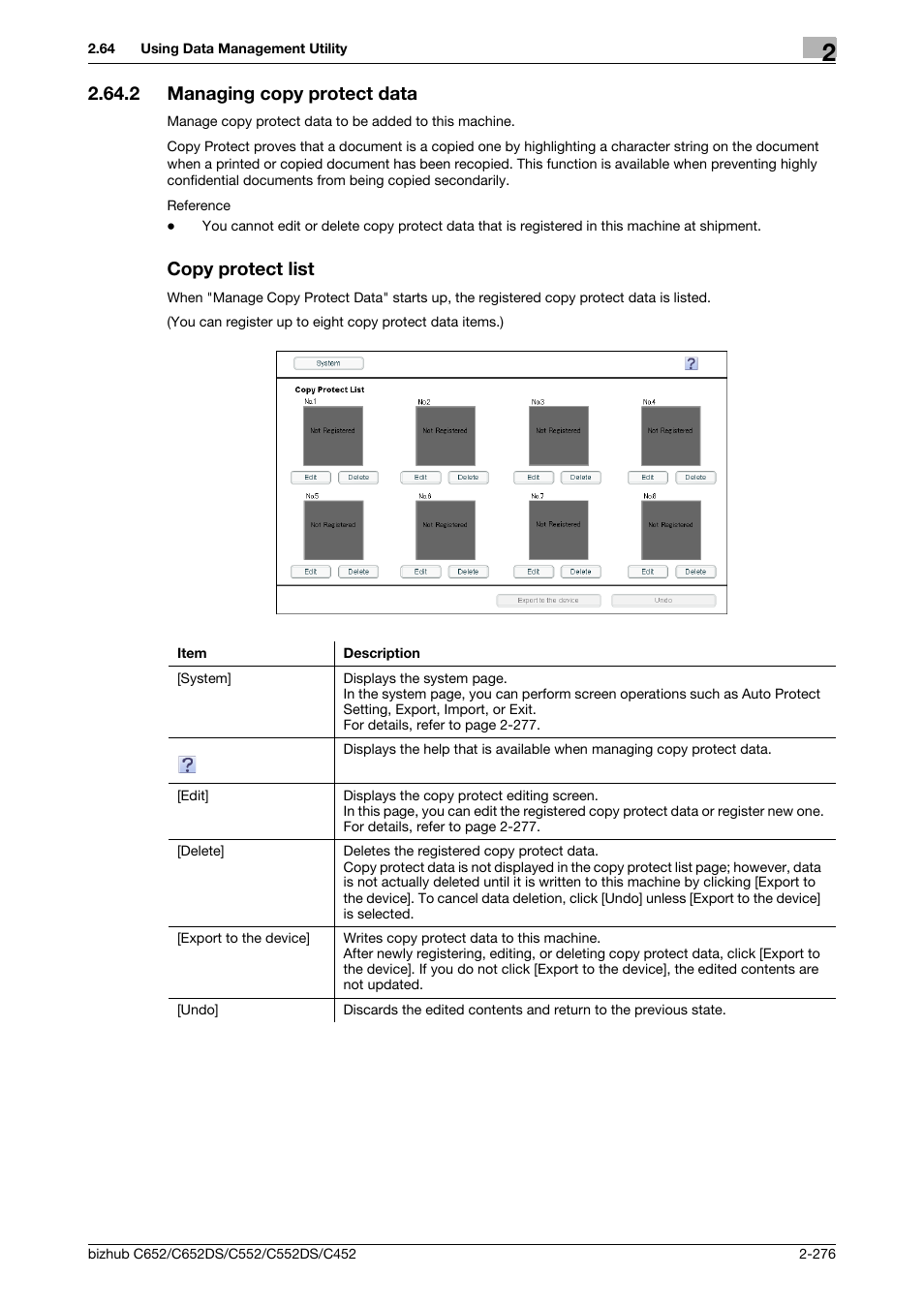 2 managing copy protect data, Copy protect list | Konica Minolta BIZHUB C652DS User Manual | Page 294 / 343