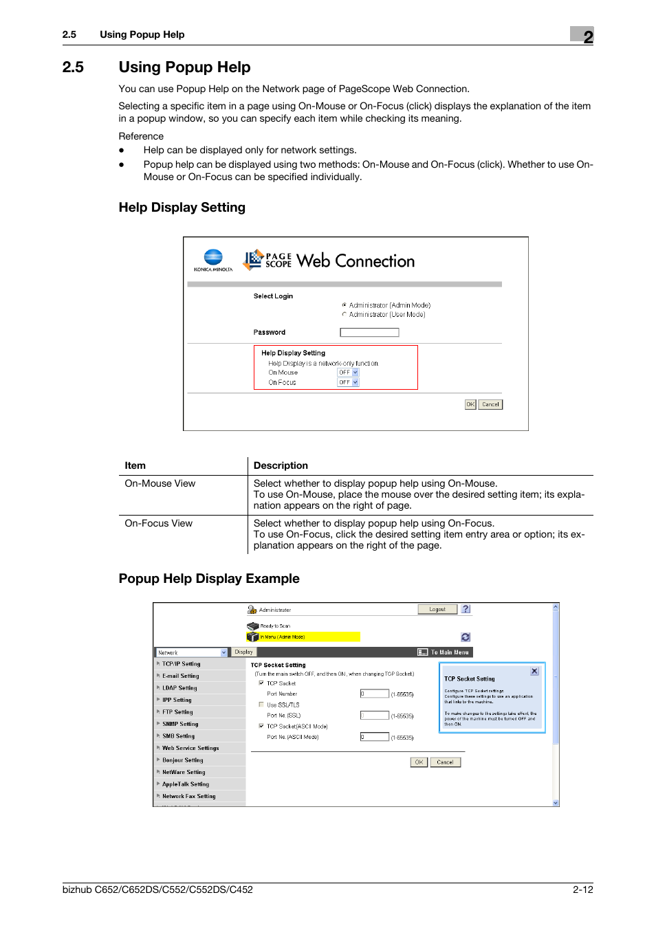 5 using popup help, Help display setting, Popup help display example | Konica Minolta BIZHUB C652DS User Manual | Page 30 / 343