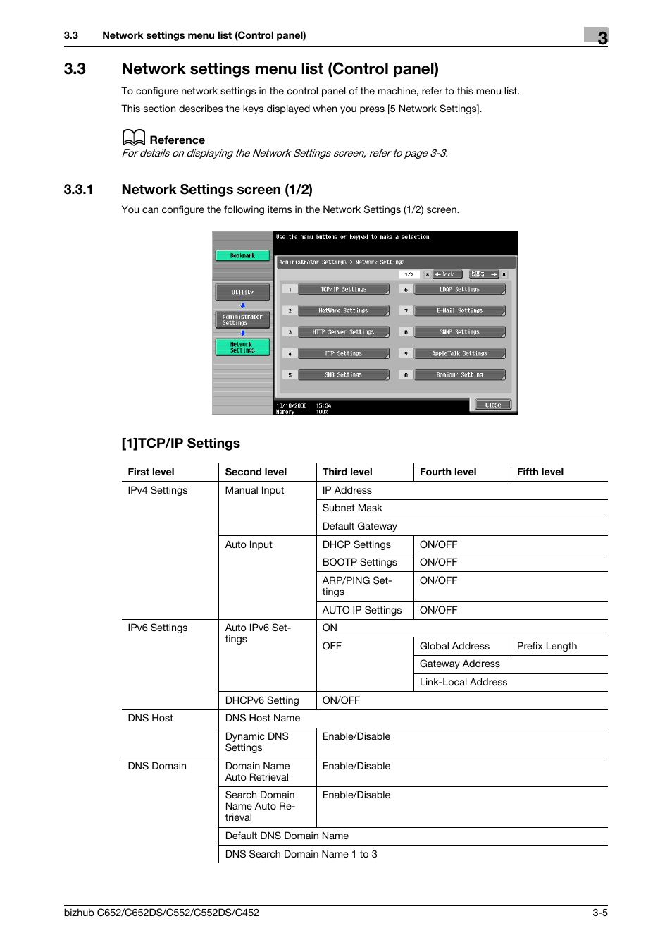 3 network settings menu list (control panel), 1 network settings screen (1/2), 1]tcp/ip settings | Network settings menu list (control panel) -5 | Konica Minolta BIZHUB C652DS User Manual | Page 304 / 343