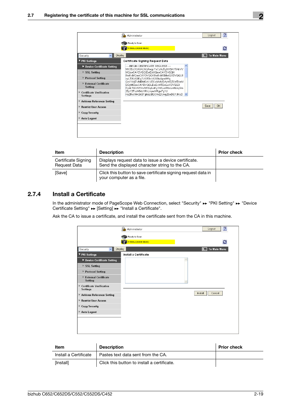 4 install a certificate, Install a certificate -19, Install a certificate | Konica Minolta BIZHUB C652DS User Manual | Page 37 / 343