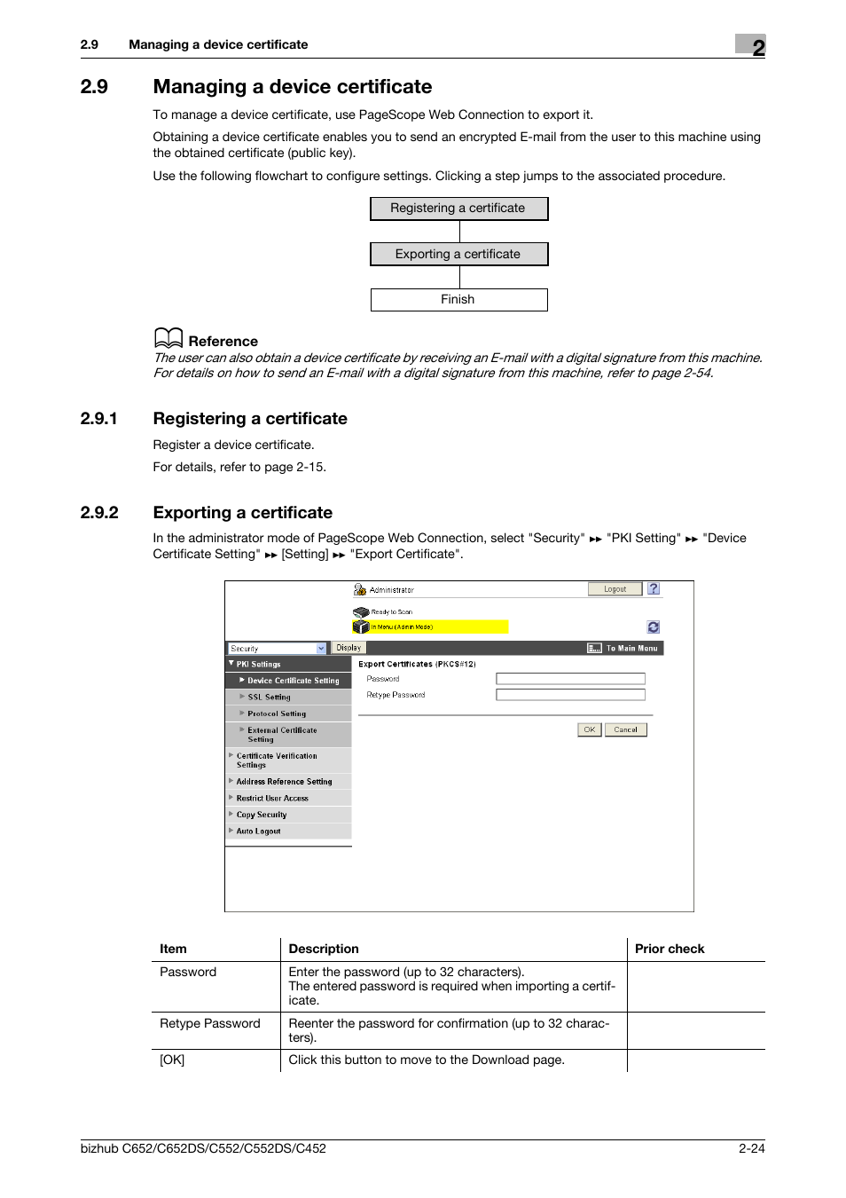 9 managing a device certificate, 1 registering a certificate, 2 exporting a certificate | Managing a device certificate -24, Registering a certificate -24, Exporting a certificate -24, Managing a device certificate, P. 2-24 | Konica Minolta BIZHUB C652DS User Manual | Page 42 / 343