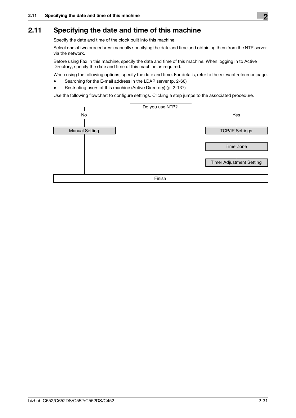 11 specifying the date and time of this machine, Specifying the date and time of this machine -31, Specifying the date and time of this machine | P. 2-31 | Konica Minolta BIZHUB C652DS User Manual | Page 49 / 343