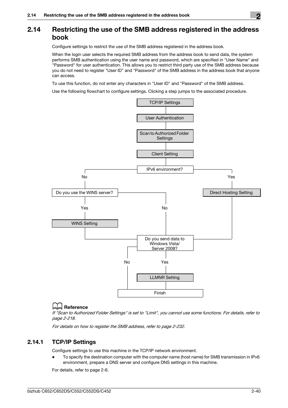 1 tcp/ip settings, Tcp/ip settings -40, P. 2-40 | Konica Minolta BIZHUB C652DS User Manual | Page 58 / 343
